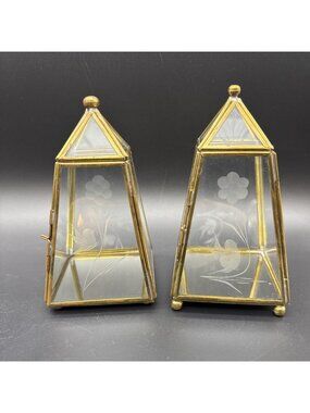 VTG  Y2K 90’s Etch Brass Pyramid Glass Bird Flower Display Jewelry Trinket Set